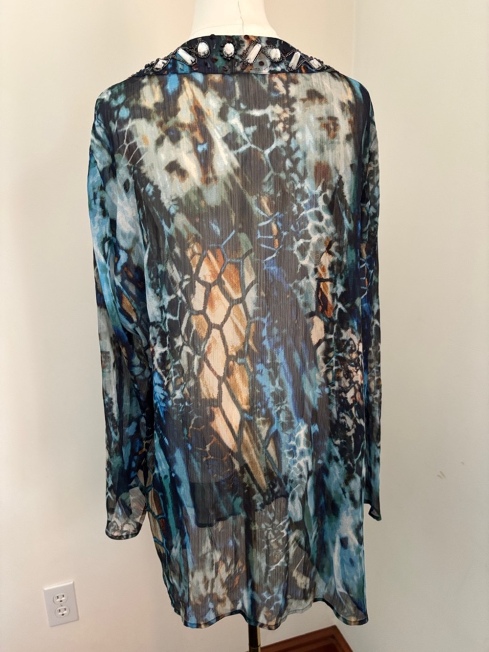 Chico's Blue Teal Black Abstract Beaded Sheer Tunic - Picture 4 of 6